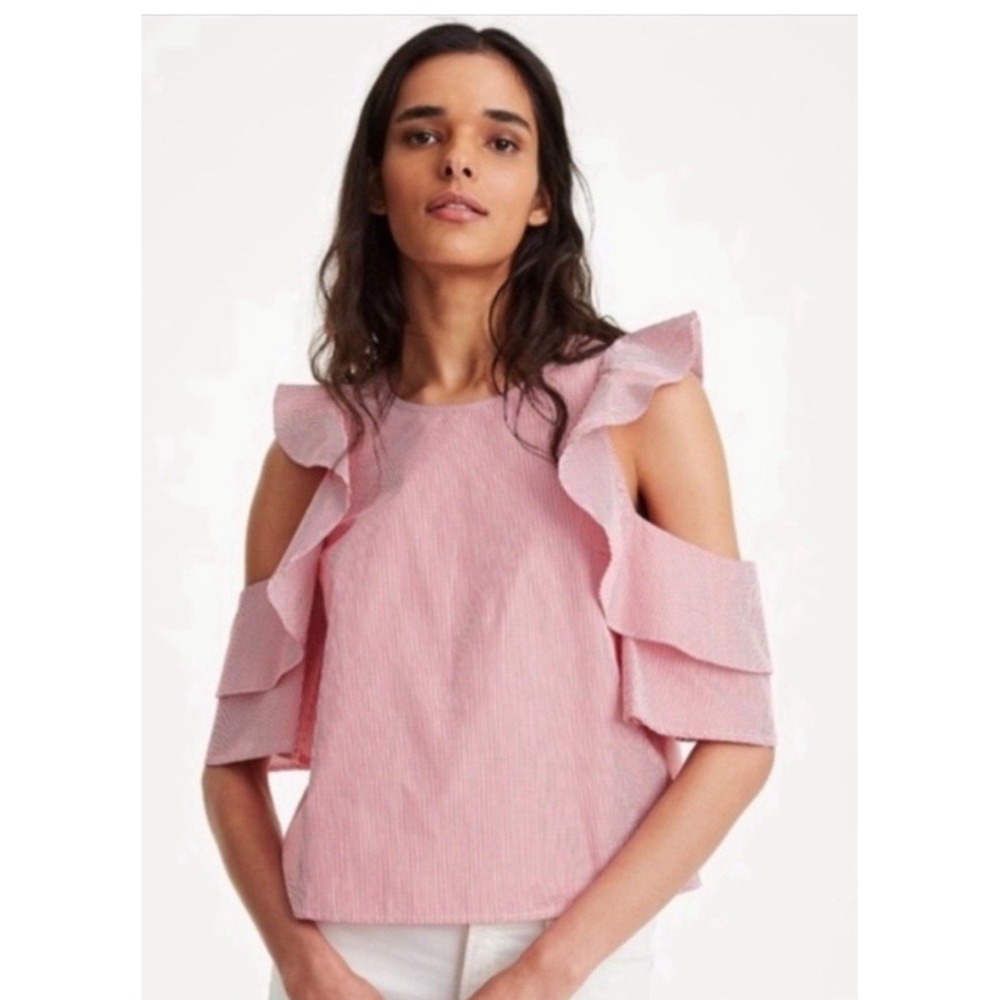 Club Monaco Hamishi Ruffled Old Shoulder  Striped Top Short Blouse Small S/4 EUC